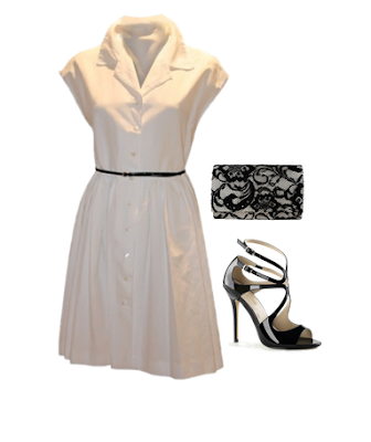 vestido camisero blanco + sandalias negras de charol + clutch de encaje taupe y negro