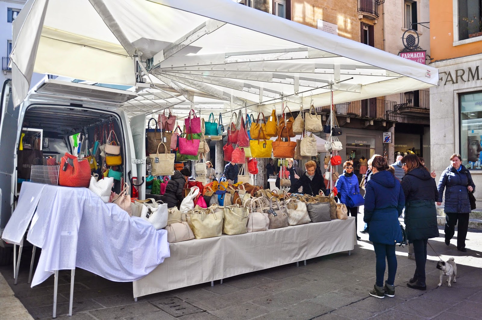 The bag stall at the Thursday market in Vicenza, Italy