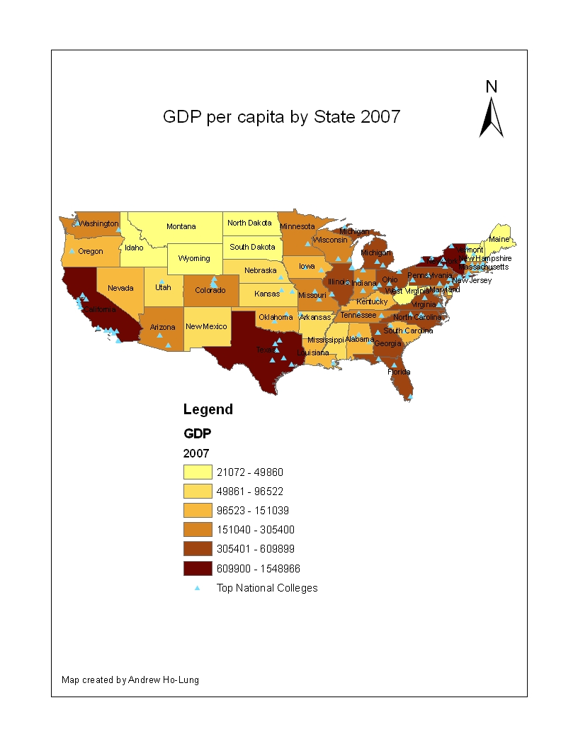 s dakota that are among the lowest gdp do not have any universities i created this map using arcgis and downloaded the shapefiles from geocommons com s dakota that are among the lowest gdp do not have any universities i created this map using arcgis and downloaded the shapefiles from geocommons com