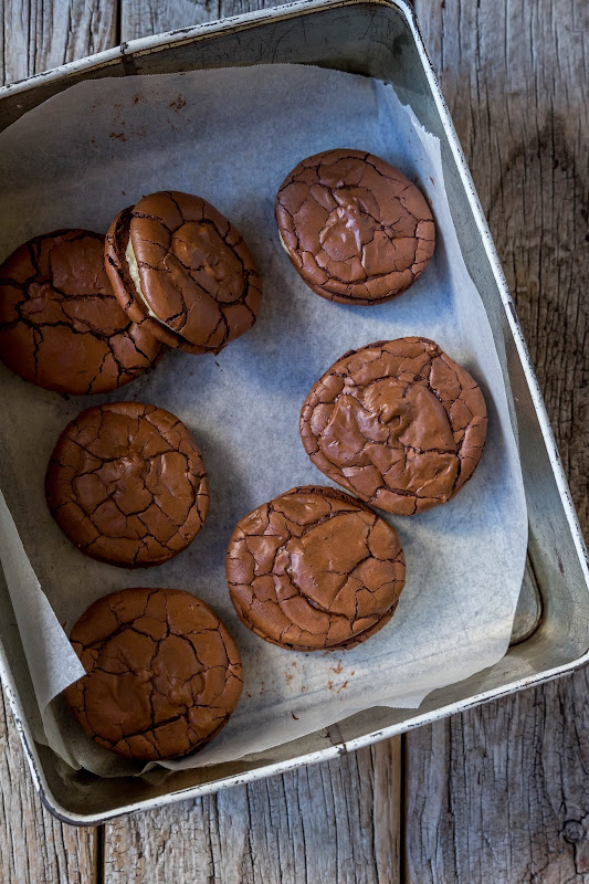 Milk and Honey Fudgy Chocolate Brownie Sandwich Cookies with Tahini Cream