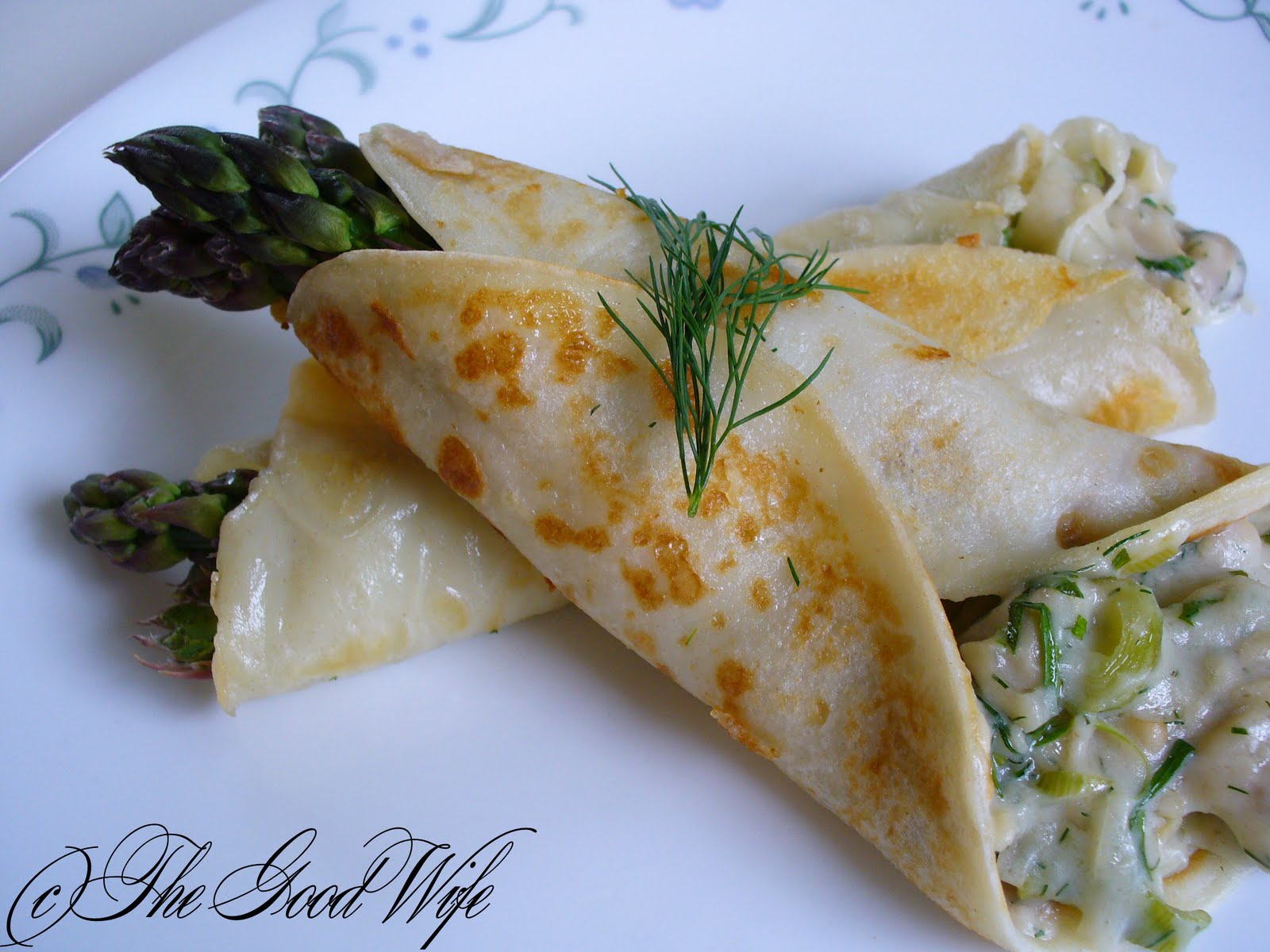 The Good Wife Asparagus Crepes with Mushroom Dill Sauce