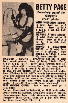 Betty Page holding whip in magazine advertisment
