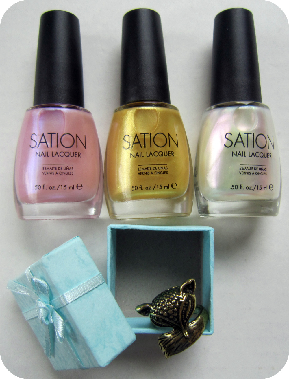 Concrete And Nail Polish Sation Fox Ring Giveaway Closed Winner 3 Lovely Sation Polishes Of Their Own I M Throwing In A Cute Fox Ring Too From Left To Right We Have Cotton Candy 18k Gold Angel White