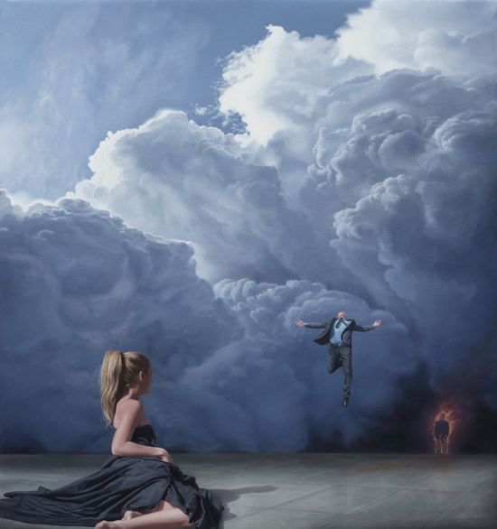 Joel Rea pintura hiper-realista surreal cães gigantes caindo céu Apareça na frente dela Joel Rea pintura hiper-realista surreal cães gigantes caindo céu Apareça na frente dela