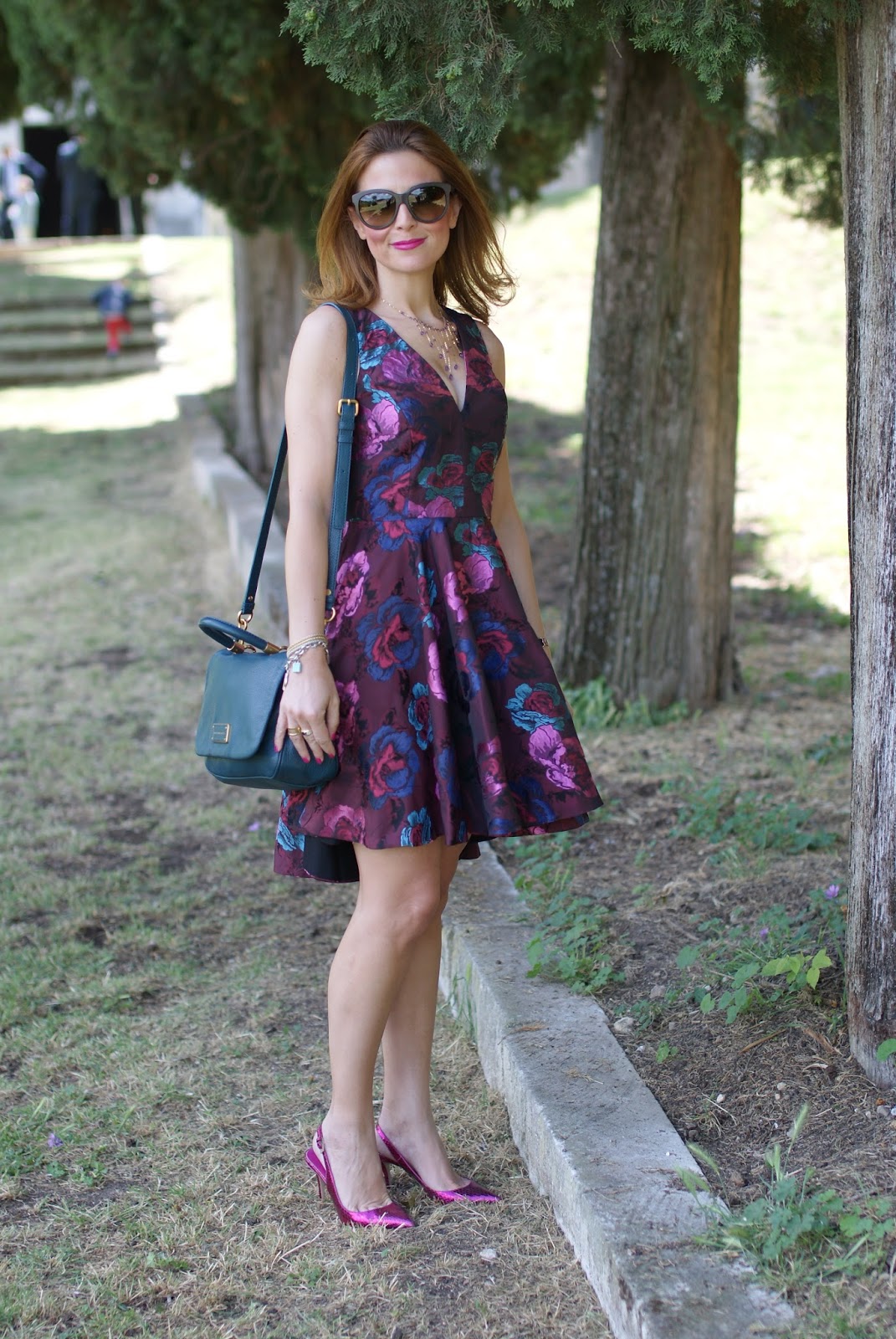 Asos floral jacquard dress, high low hem dress, skater dress and Le Silla heels on Fashion and Cookies fashion blog
