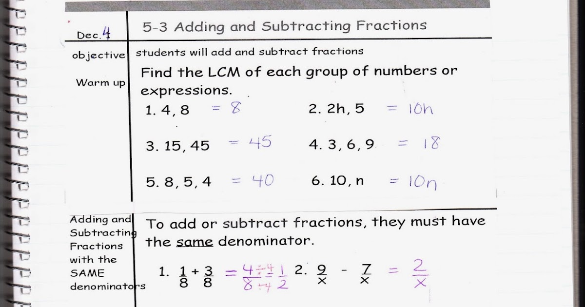 Ms. Jean's Classroom Blog: 5-3 Adding and Subtracting Fractions
