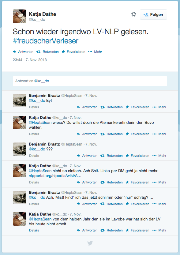 Aktionen Folgen Katja Dathe @kc__dc Schon wieder irgendwo LV-NLP gelesen. #freudscherVerleser