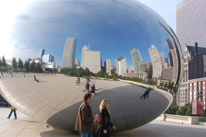 Cloud Gate, a public sculpture is the centerpiece of the AT&T Plaza in Millennium Park within the Loop community area of Chicago, Illinois, United States. The sculpture is nicknamed "The Bean" because of its bean-like shape. Made up of 168 stainless steel plates welded together, its highly polished exterior has no visible seams. 