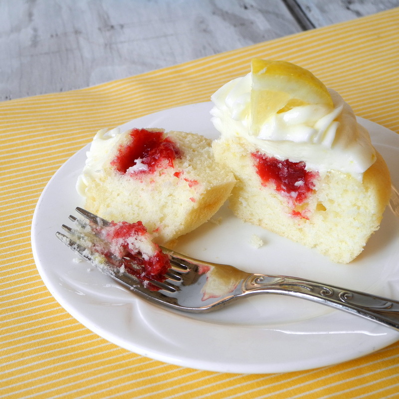 Raspberry Filled Lemon Cupcakes