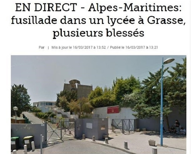 法國南部格拉斯鎮(Grasse)托克維爾中學16日發生校園槍擊案,包括校長在內,已知有3人受傷。 法國南部格拉斯鎮(Grasse)托克維爾中學16日發生校園槍擊案,包括校長在內,已知有3人受傷。