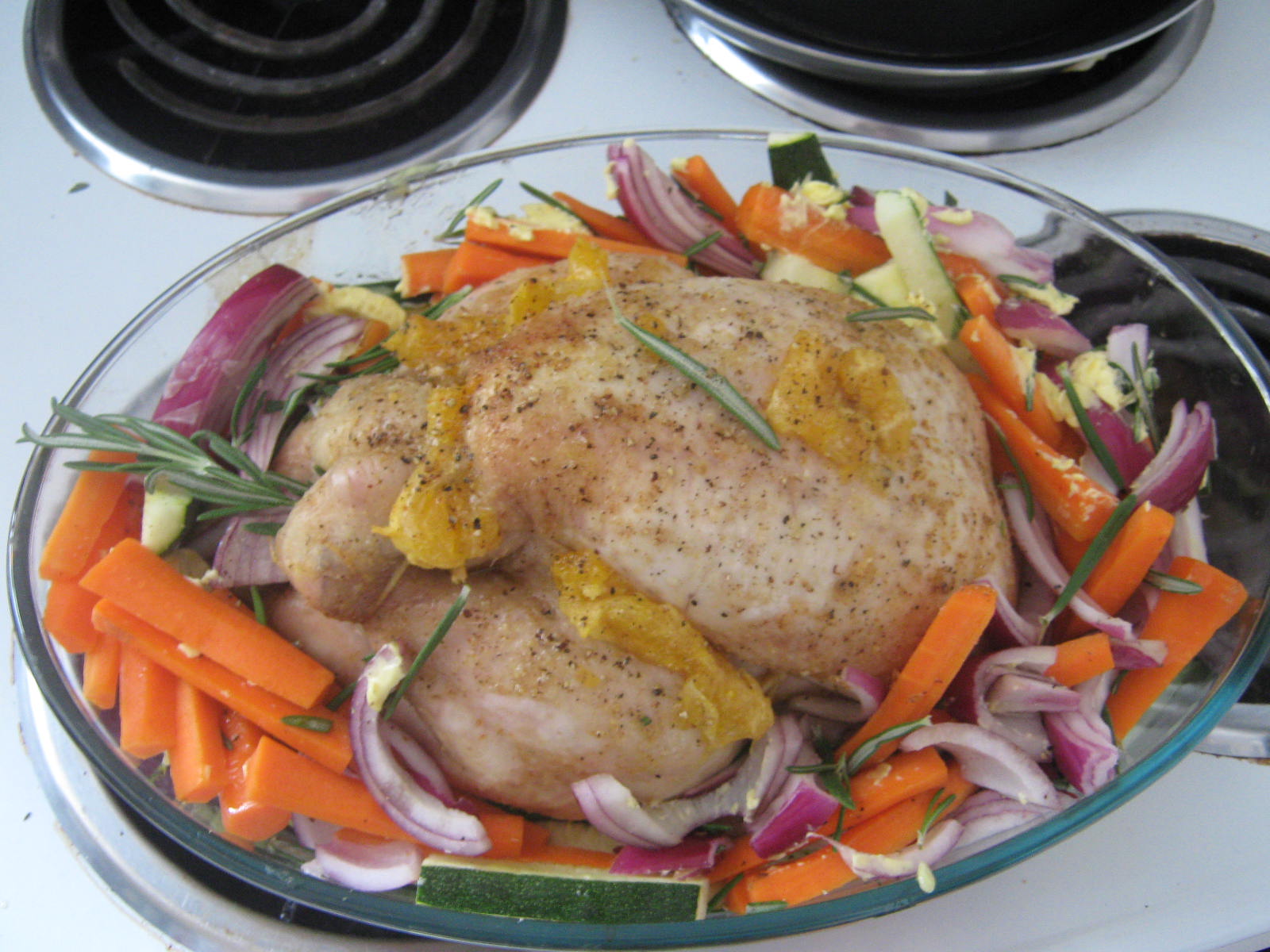 readysteadyausteritycook Satsuma roast chicken with roast vegetables and potatoes