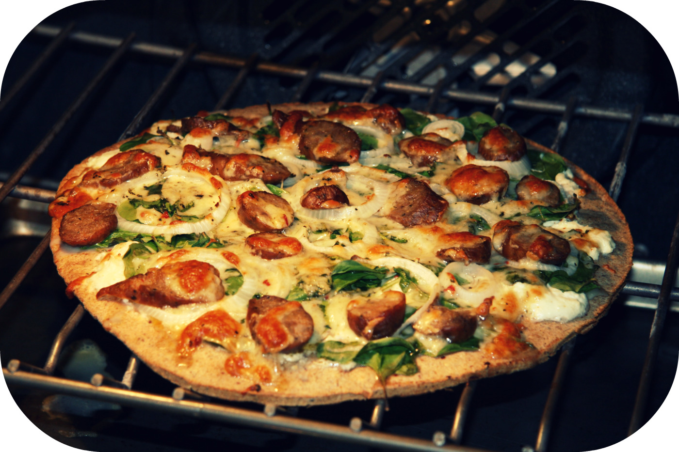 Have Your Cake and Edith Too Spicy Spinach, Ricotta and Sausage Pizza