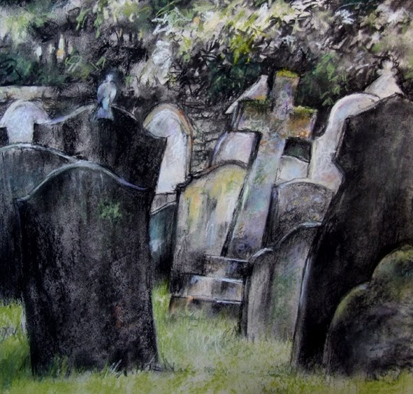 Old church graveyard, drawing in charcoal and pastel
