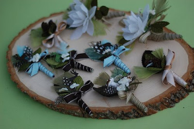 woodland wedding feathers flower mushroom boutoneer