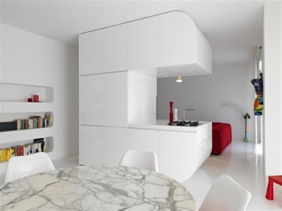white and red futuristic apartment interior design kitchen