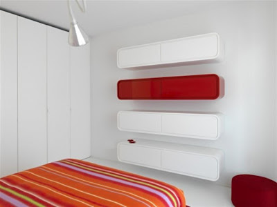 white and red futuristic apartment ultra modern bedroom