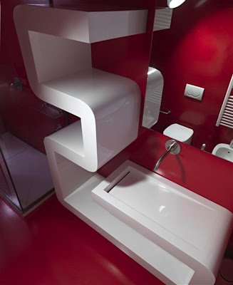 white and red futuristic apartment interior design bathroom