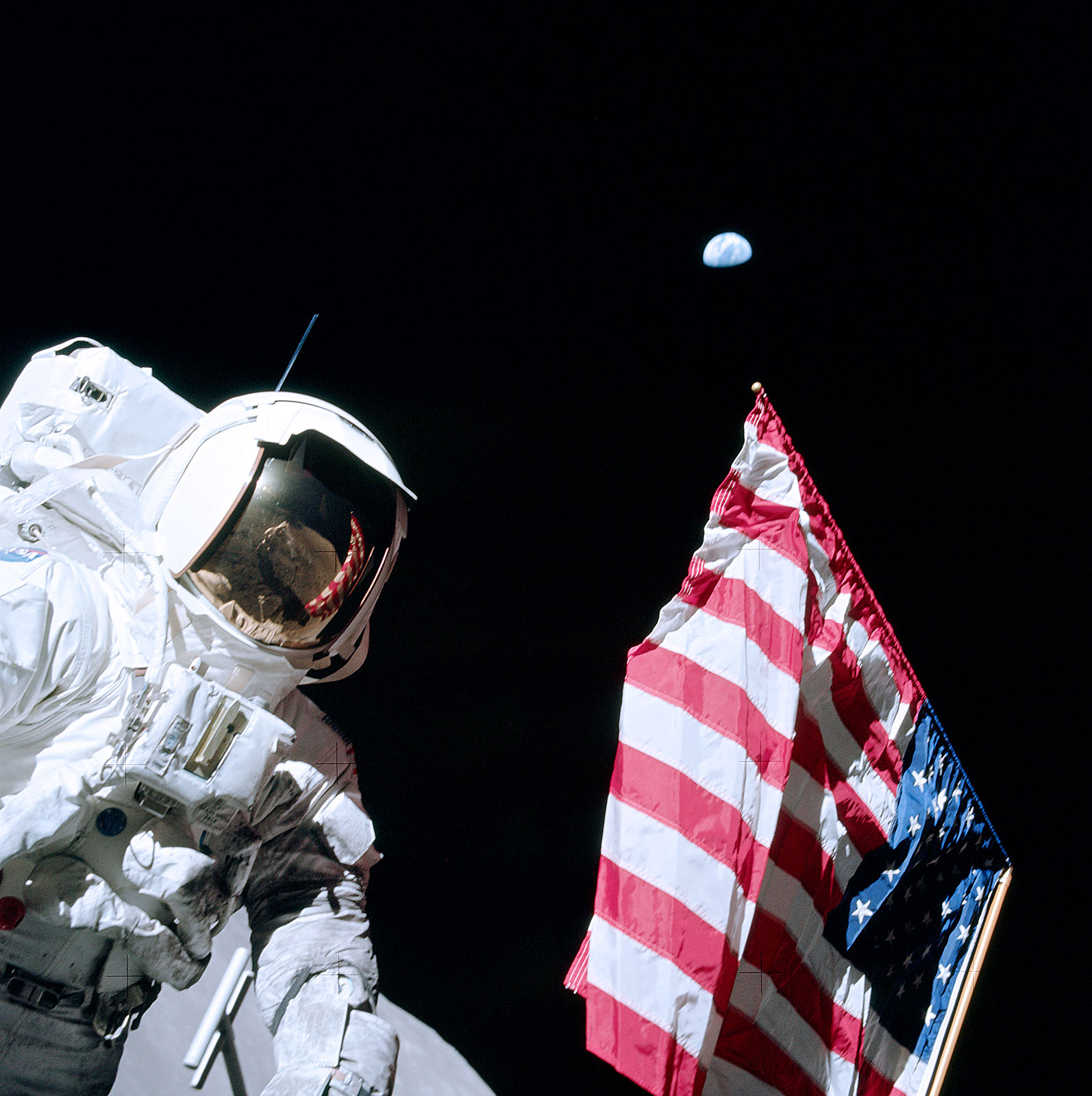Astronaut Eugene Cernan and the U.S. Flag -- Apollo 17 on the Moon (NASA photo) Astronaut Eugene Cernan and the U.S. Flag -- Apollo 17 on the Moon (NASA photo)