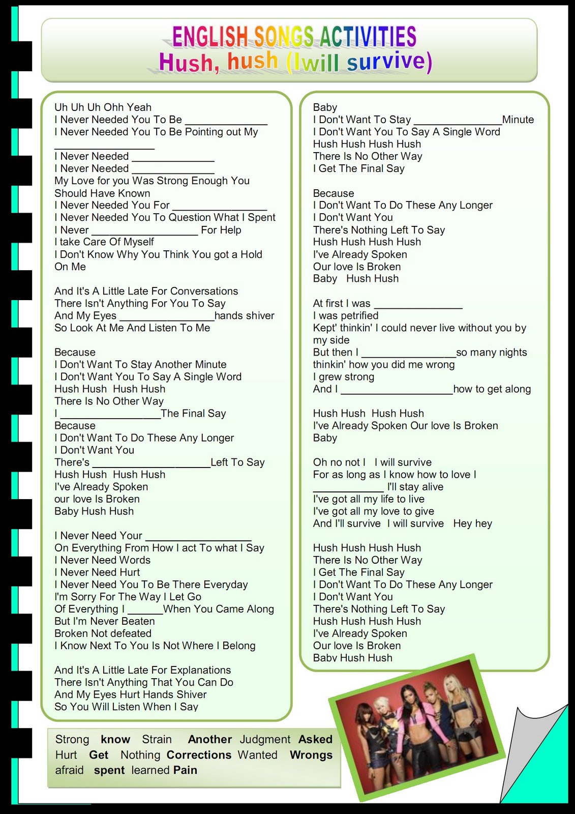 My English Classes English Song Activity Hush, Hush (I will survive)