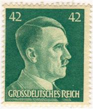 Adolf Hitler's face on a German stamp 1944. The country's name was changed to Greater German Reich (Grossdeutsches Reich) in 1943 and this name can be seen on the stamp.