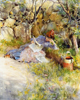 Garden in Painting Lady Reading a Newspaper by Carl Larsson 1886
