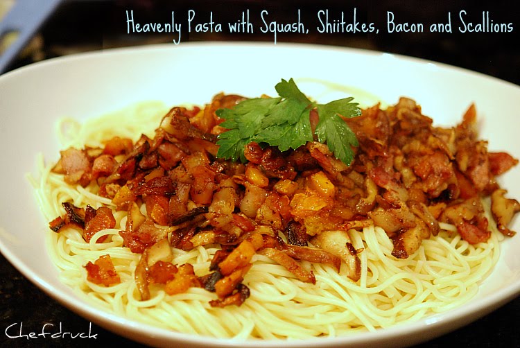 >Heavenly Pasta with Bacon, Shiitake Mushrooms, Squash, and Scallions