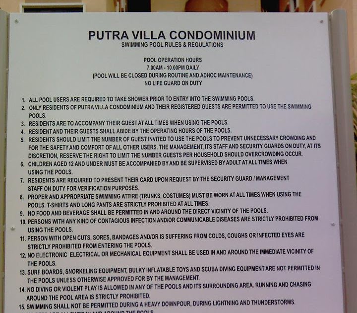Putra Villa Condominium Swimming Pool Rules and Regulations