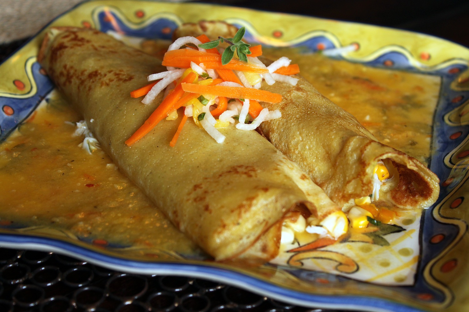 There's a Newf in My Soup! Crab Enchiladas con Chile Amarillo, for