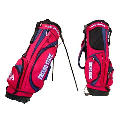 Fresno State University Bulldogs golf bag colored red, cardinal, blue, white, and black.