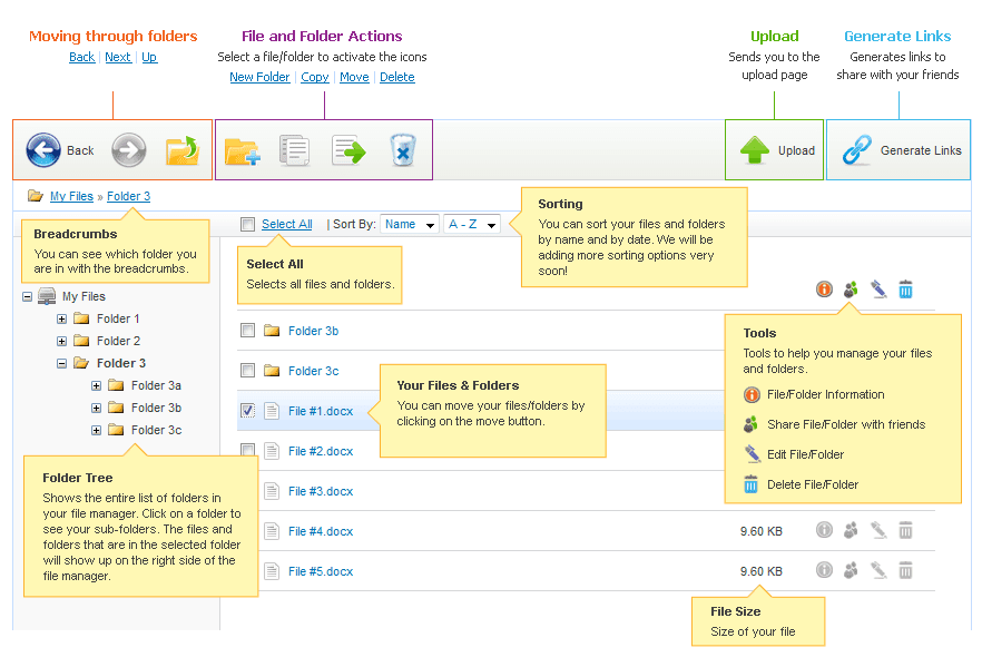 FileSonic Manage Files Screen