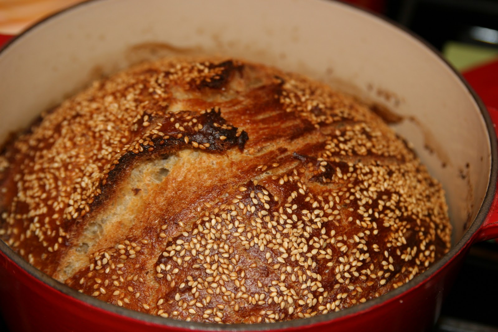 Haystacks & Champagne Crusty, Seeded (Sesame) Pale Ale Pot Boule (Bread)