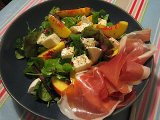 mozzarella, peach, basil and parma ham salad