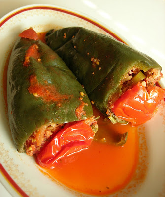 Turkish recipe with the substitution of poblanos for small bell peppers Stuffed Poblanos (Etli Poblano Dolması)