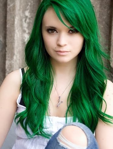 Awesome green hair. Beautiful turquoise blue with yellowy green streaks.