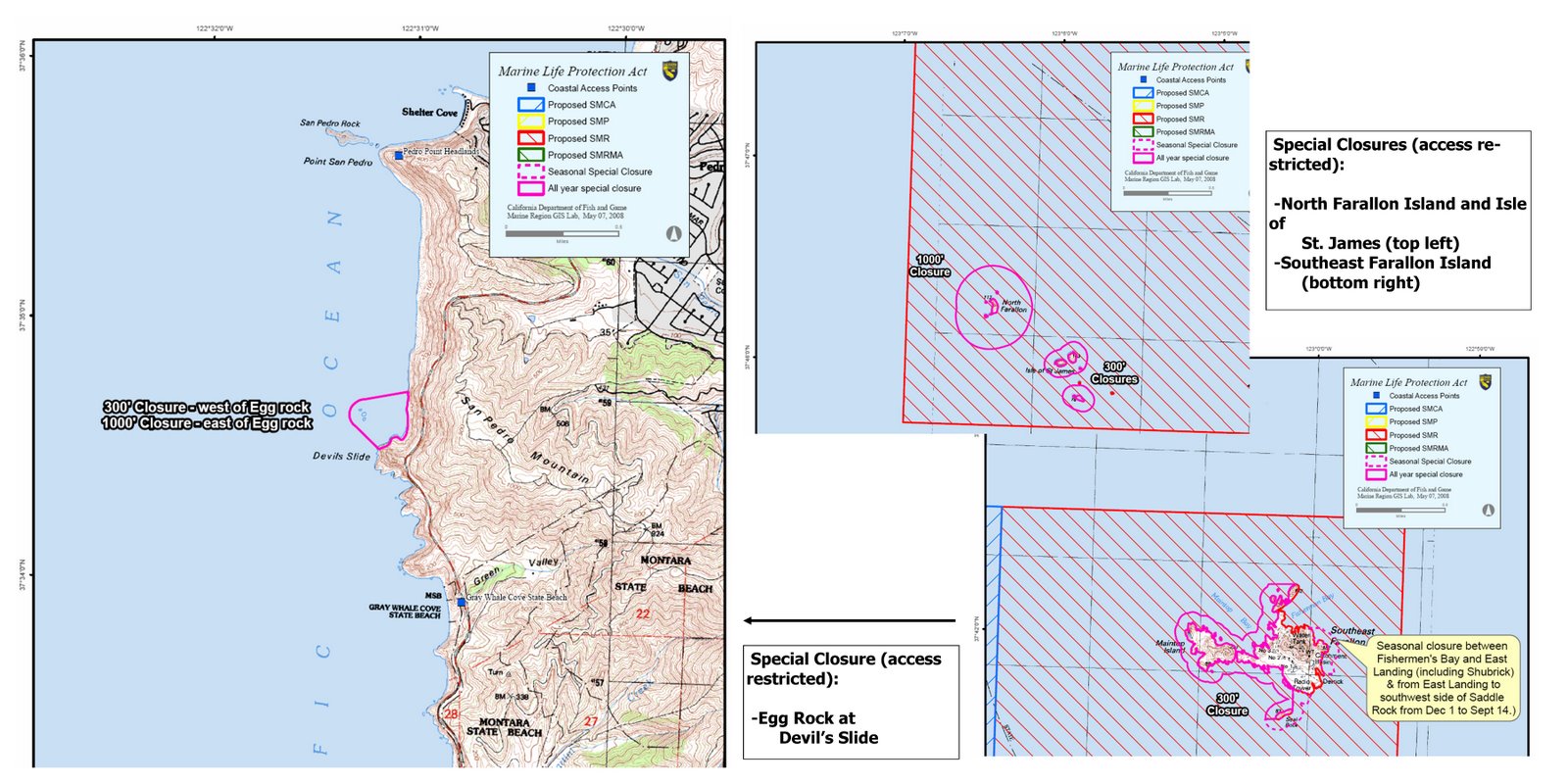 Egg Rock@ Devil's Slide (left), N. Farallon Island (top), Isle of St. James & SE Farallon (right)