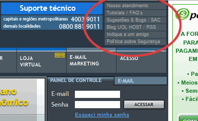 imagem capturado do site do UOLHOST com exemplo de menu com pouco contraste e textos pequenos