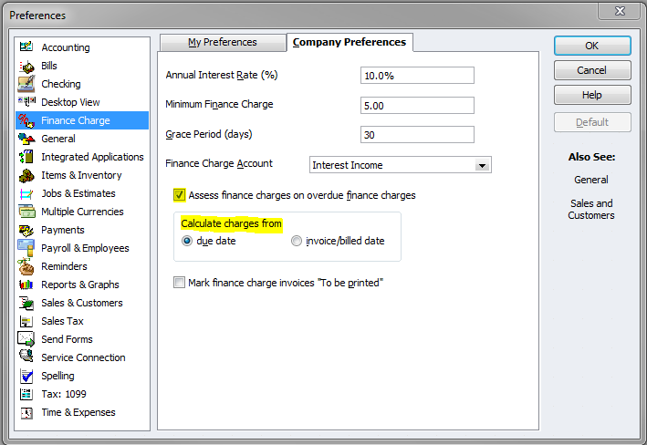 How does quickbooks calculate finance charges