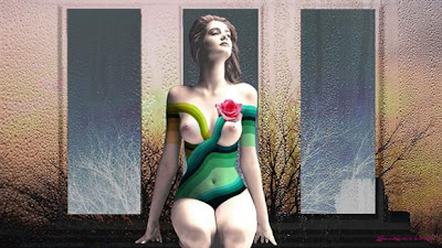 Body Painting Art, Solidarity Between the Color Green And Red Flower