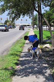 Bob and I both bending over and looking at something on the sidewalk