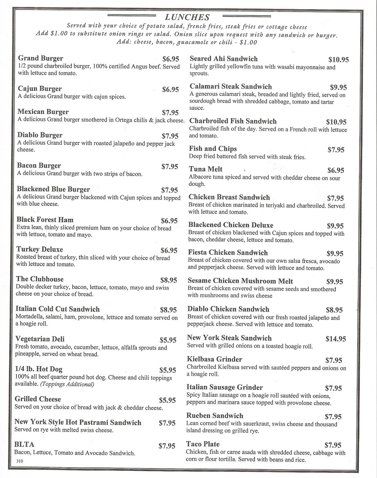 Grand Avenue Bar & Grill Our Menu