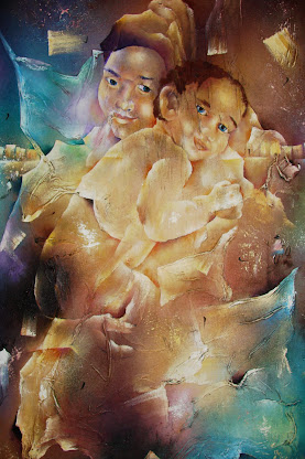 "From mother to a baby" “母亲对骇子" 120X80cm Oil and Acrylico on Canvas 2008
