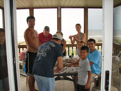 Peeling shrimp at Folly Beach, SC