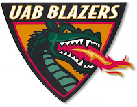 Trademarked downward pointing University of Alabama Birmingham logo with the text UAB Blazers and green dragon breathing fire against a white background.