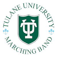 Circular logo with overlapping U and T letters circled by the words Tulane University Marching Band in green type against a white background.