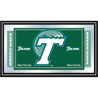 White letter T which a green wave engulfing the logo with the words Tulane written in white on each side of the logo. A green license plate shaped rectangle frames the image which has the words Green Wave written on each side.