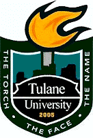 Shield shaped Tulane University emblem with a blanked city silhouette and flaming torch coming out of the design.