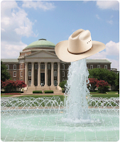SMU campus fountain lifting a cowboy hat.