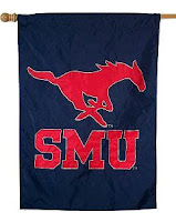 Dark blue SMU flag with red mustang and SMU letters.