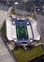 Aerial view of empty Rice University football stadium.