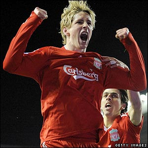 Fernando Torres celebrates after the second goal for Liverpool